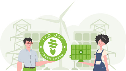 Woman and Man and solar panel. Eco energy concept. Vector illustration.