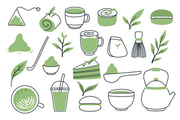 Matcha tea. Vector set of organic tea matcha powder, tea leaves, teapot, macarons, spoon, traditional cup, whisk, tools for Japanese ceremony. Matcha green tea ceremony. Doodle style.