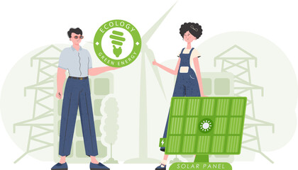 A girl and a guy and a solar panel. The concept of solar energy. Vector.