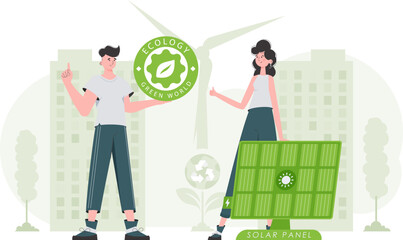 Man and woman and solar panel. The concept of solar energy. Vector illustration.