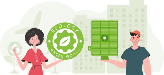 Woman and Man and solar panel. Eco energy concept. Vector illustration.