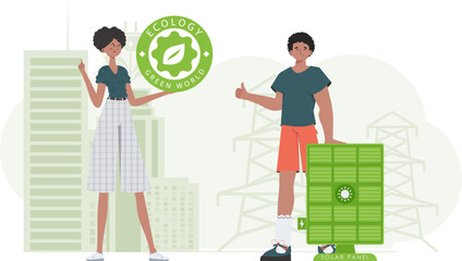 A girl and a guy and a solar panel. Eco energy concept. Vector.