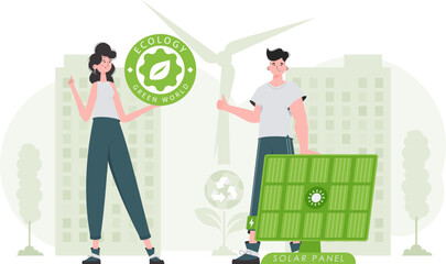 Man and woman and solar panel. Eco energy concept. Vector.