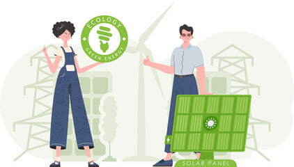 Man and woman and solar panel. Eco energy concept. Vector illustration.