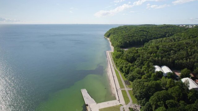 Aerial Bastic sea coastline with a view of Feliks Nowowiejski Seaside Boulevard lealing to the Gdynia city public beach by dense forestery Green Park