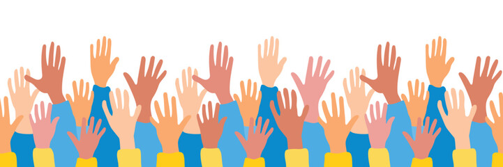 Support Ukraine. Ukrainian people. humanitarian aid to Ukraine. Volunteer movement in Ukraine. Ukrainian patriotism. horizontal seamless pattern raised hands of Ukrainian citizens. Ukrainian refugees 
