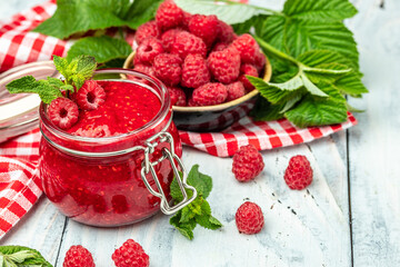 Jar of raspberry jam and fresh berries, banner, menu, recipe place for text, top view