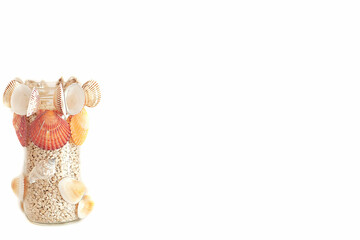 Sea shells. Beach sand with sea shells. Summer concept for travel agency or post, greeting card with copy space on white isolated background. 