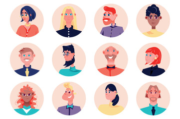 Business people avatars isolated set. Businessman and businesswoman working in company. Diverse men and women, male and female face mascots. Vector illustration with characters in flat cartoon design