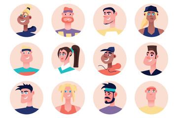 Fitness people avatars isolated set. Diverse sportsmen and sportswomen with different looks. Portraits of female and male athletic mascots. Vector illustration with characters in flat cartoon design