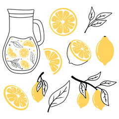 Set of lemons in doodle style. Collection of lemons on a branch, a slice of a lemon, half a lemon. Vector illustration.