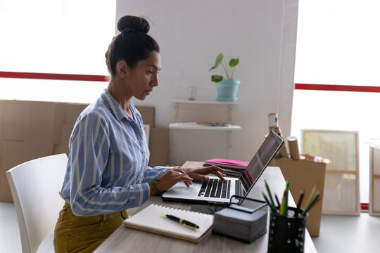 Image of biracial female artist using laptop and doing business work in studio