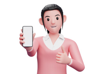 girl in pink sweatshirt showing the phone screen to the camera with a thumbs up, 3d illustration portrait of a sweet girl in a pink sweater holding phone