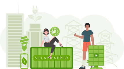 Woman and Man and solar panels. Green energy concept. Vector illustration.