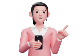 girl in pink sweatshirt holding a cell phone while pointing to the side choosing something, 3d illustration portrait of a sweet girl in a pink sweater holding phone