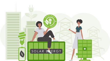 Woman and Man and solar panels. The concept of solar energy. Vector.