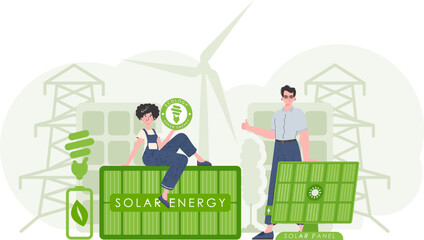 Girl and guy and solar panels. The concept of solar energy. Vector illustration.