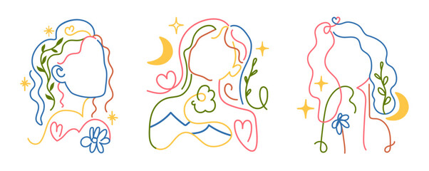 Colored outline vector illustration women heads, moon, stars and flowers. Inspirational nature lover print design, holistic healing meditation, reiki new age concept art, modern female abstract