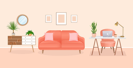 Interior of a room for working from home with furniture and houseplants. Office with computer, workplace, cabinet. Vector flat style illustration. Remote work, freelance, education and business.