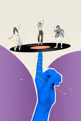 Magazine collage banner of small youngsters people dancing on huge vinyl disc spinning finger...