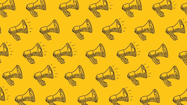 Pattern from megaphone icons drawn on yellow background. Concept of announce, media, communication or advertisement. Loudspeaker animated pattern. Seamless loop video.