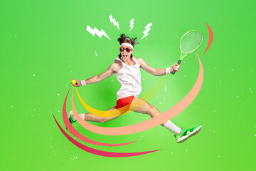 Banner collage of nerd sportive guy jumping up serving tennis ball isolated on bright green color background