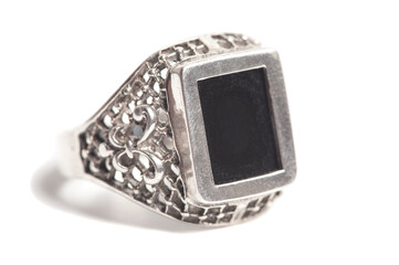 silver ring with a precious stone isolated on a white background