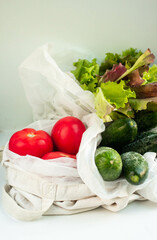 eco bag with tomatoes, greenary and cucumbers