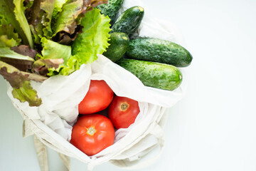eco bag with tomatoes, greenary and cucumbers