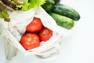 eco bag with tomatoes, greenary and cucumbers