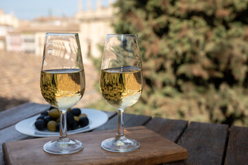 Tasting of Spanish sweet and dry fortified Vino de Jerez sherry wine and olives with view on roofs and houses of old andalusian town
