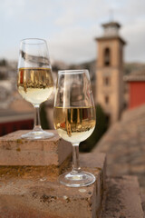Tasting of sweet and dry fortified Vino de Jerez sherry wine with view on roofs and houses of old andalusian town