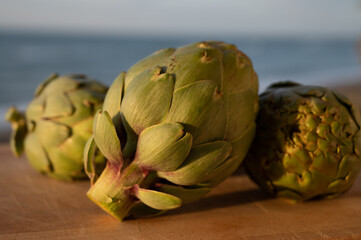 Obraz premium Green heads of artichokes plants uncooked with blue sea on background