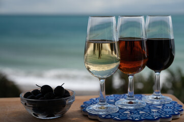 Tasting of Spanish sweet and dry fortified Vino de Jerez sherry wine and green olives with view on blue sea near El Puerto de Santa Maria, Andalusia, Spain