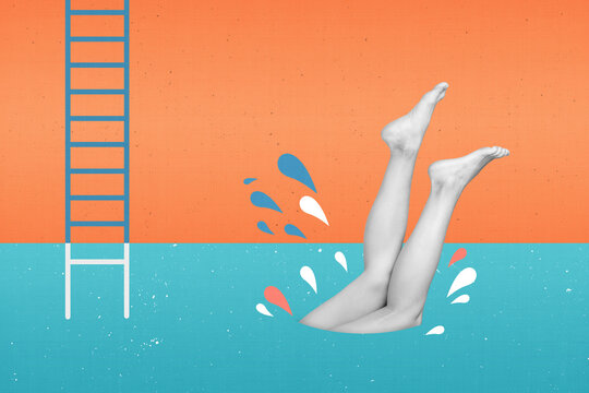 Pop collage of human person dive underwater in swimming pool isolated on orange draw color background - Powered by Adobe