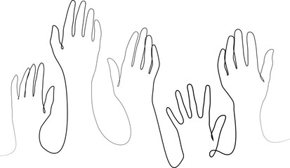 Hands up. Line drawing black and white illustration with hands. Vote, choose, help. Community, charity, volunteer. Continuous line art. Trendy isolated print design. Vector.