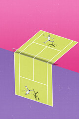 Swag poster collage of tiny competitors playing tennis small falling down court field isolated bright color background