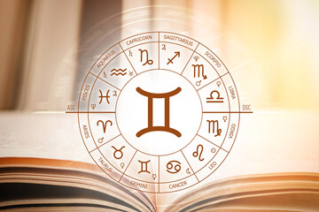 Zodiac circle against the background of an open book with gemini sign. Astrological forecast for...