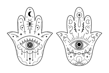 Set of Hamsa hand drawn symbol with evil eye. Protection sign. Mystic decorative pattern in oriental style for interior decoration and henna drawings. Ancient sign of Hand of Fatima