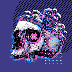 Skull without lower jaw in a crown. Cyberpunk glitch art. Creative poster, t-shirt composition, hand drawn style print. Vector illustration.
