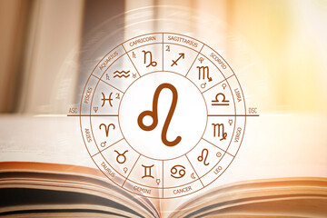Zodiac circle against the background of an open book with leo sign. Astrological forecast for the signs of the zodiac