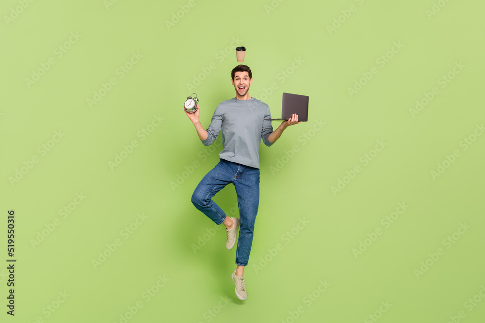 Poster full body image photo of workaholic early morning businessman doing multitasks during work hours iso