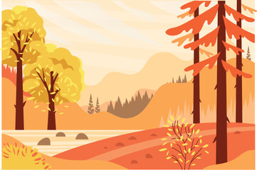 Autumn Hand drawn Landscape. Vector Illustration.