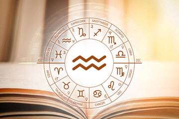 Zodiac circle against the background of an open book with aquarius sign