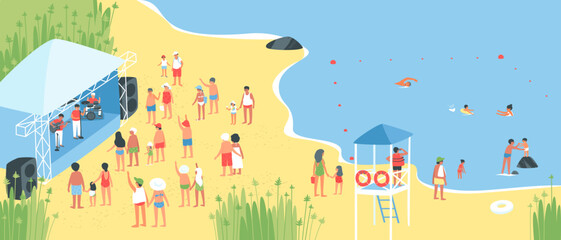 Summer water activities in the fresh air. A lifeguard on a tower by the sea watches people in the sea. Holiday on the seashore. Seaside concept. Flat vector illustration.