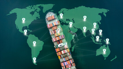 Double exposure business graph investment growth of business with world map of transportation and...