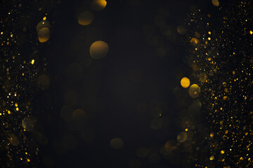 Golden swirly bokeh shiny glitter lights overlay on dark background