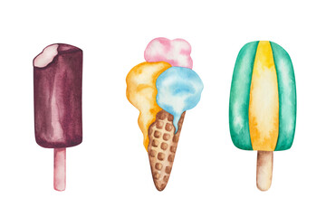 Watercolor illustration of hand painted ice cream balls in waffle cone, eskimo pie in chocolate, ice lolly melon, watermelon. Dessert sweet food gelato. Isolated clip art for prints, advertisements