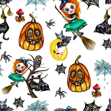 Watercolor hand drawn cute halloween seamless pattern with witch,black cat, pumpkin,spider,bat,web,moon,tree,mushrooms on white background.Cartoon children happy halloween holiday. 