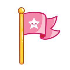 Pink flag with a wooden handle on a white background. Vector illustration with flag